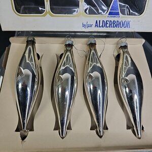 Vintage Glass Christmas Ornaments Teardrop Silver Oblong With Box Made In USA